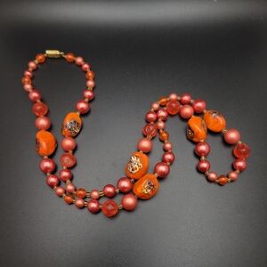 Vibrant Orange Pink Beaded Necklace 22"